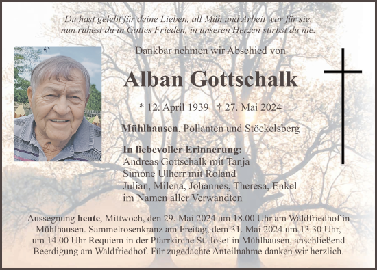 Traueranzeige von Alban Gottschalk von Neumarkter Nachrichten Lokal