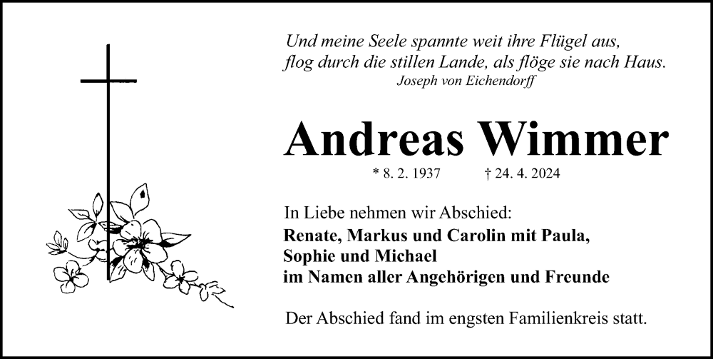  Traueranzeige für Andreas Wimmer vom 18.05.2024 aus Gesamtausgabe Nürnberger Nachrichten/ Nürnberger Ztg.