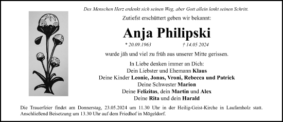 Traueranzeige von Anja Philipski von Gesamtausgabe Nürnberger Nachrichten/ Nürnberger Ztg.