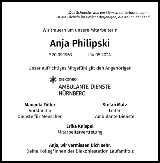 Traueranzeige von Anja Philipski von Gesamtausgabe Nürnberger Nachrichten/ Nürnberger Ztg.