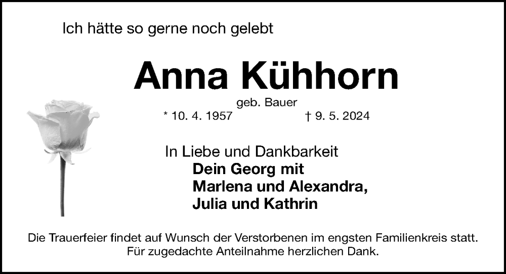  Traueranzeige für Anna Kühhorn vom 25.05.2024 aus Fürther Nachrichten Lokal
