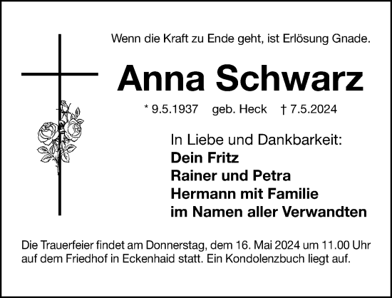 Traueranzeige von Anna Schwarz von Gesamtausgabe Nürnberger Nachrichten/ Nürnberger Ztg.