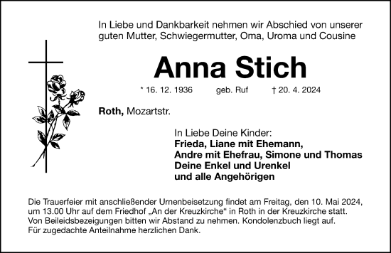 Traueranzeige von Anna Stich von Roth-Hilpoltsteiner Volkszeitung Lokal