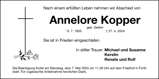 Traueranzeige von Annelore Kopper von Gesamtausgabe Nürnberger Nachrichten/ Nürnberger Ztg.