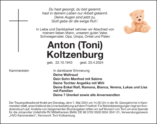 Traueranzeige von Anton Koltzenburg von Schwabacher Tagblatt Lokal