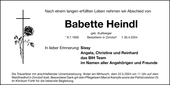 Traueranzeige von Babette Heindl von Fürther Nachrichten Lokal