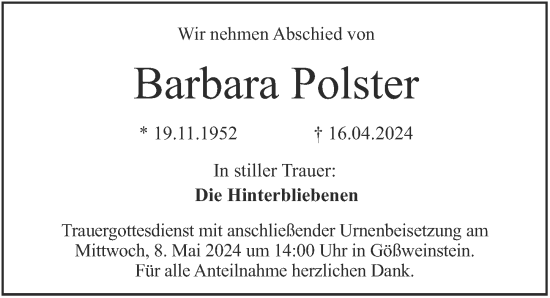 Traueranzeige von Barbara Polster von Nordbayerische Nachrichten Forchheim Lokal