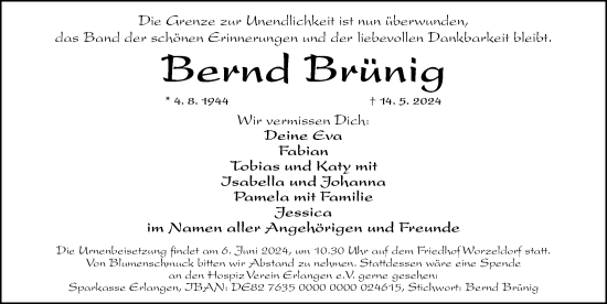 Traueranzeige von Bernd Brünig von Gesamtausgabe Nürnberger Nachrichten/ Nürnberger Ztg.