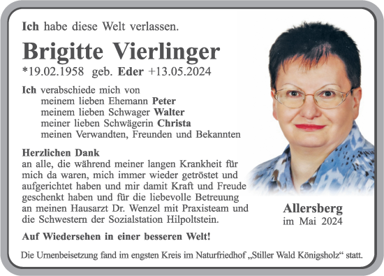 Traueranzeige von Brigitte Vierlinger von Roth-Hilpoltsteiner Volkszeitung Lokal