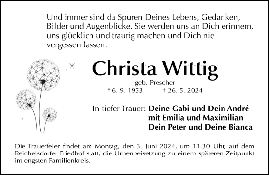 Traueranzeige von Christa Wittig von Gesamtausgabe Nürnberger Nachrichten/ Nürnberger Ztg.