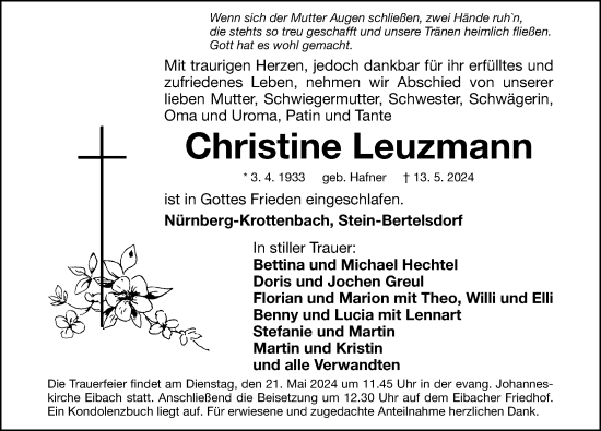 Traueranzeige von Christine Leuzmann von Gesamtausgabe Nürnberger Nachrichten/ Nürnberger Ztg./ Fürther Nachrichten
