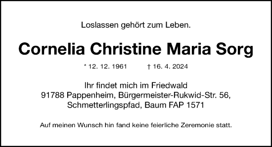 Traueranzeige von Cornelia Christine Maria Sorg von Gesamtausgabe Nürnberger Nachrichten/ Nürnberger Ztg.