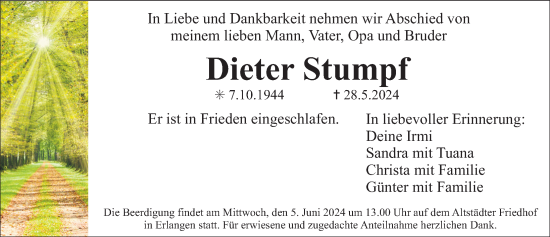 Traueranzeige von Dieter Stumpf von Gesamtausgabe Nürnberger Nachrichten/ Nürnberger Ztg.