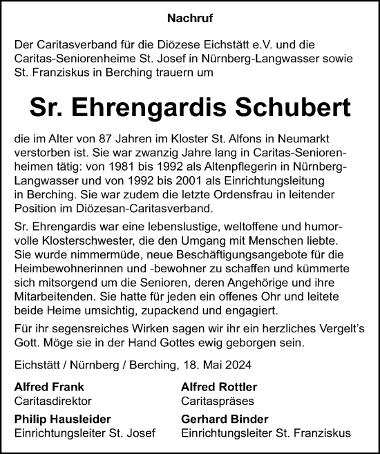 Traueranzeige von Ehrengardis Schubert von Neumarkter Nachrichten Lokal