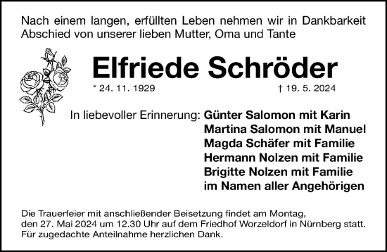 Traueranzeige von Elfriede Schröder von Gesamtausgabe Nürnberger Nachrichten/ Nürnberger Ztg.