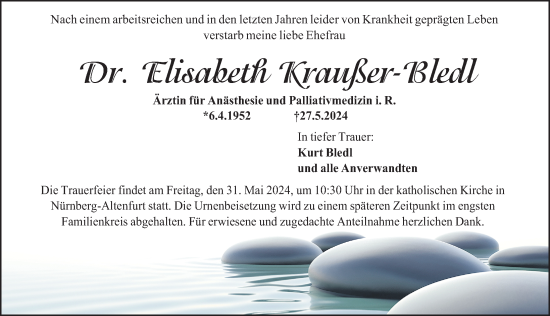 Traueranzeige von Elisabeth Kraußer-Bledl von Gesamtausgabe Nürnberger Nachrichten/ Nürnberger Ztg.
