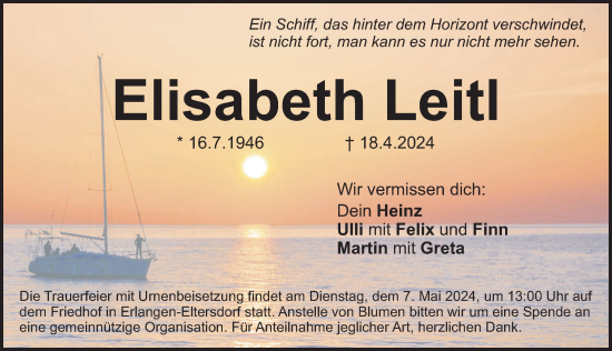 Traueranzeige von Elisabeth Leitl von Gesamtausgabe Nürnberger Nachrichten/ Nürnberger Ztg./ Erlanger Nachrichten