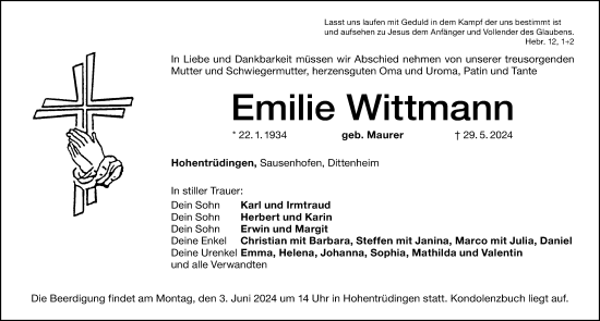Traueranzeige von Emilie Wittmann von Altmühl-Bote Lokal