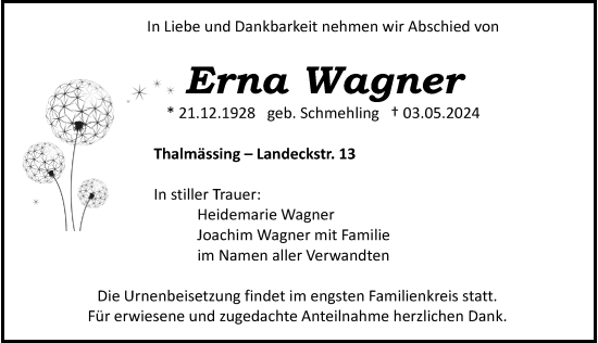 Traueranzeige von Erna Wagner von Roth-Hilpoltsteiner Volkszeitung Lokal