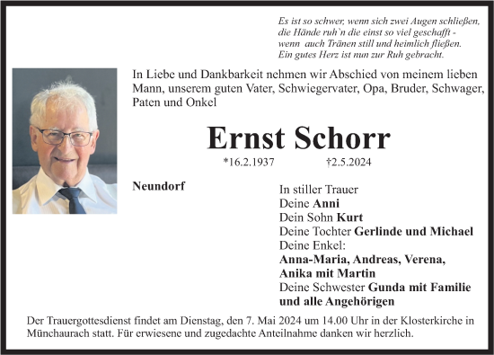 Traueranzeige von Ernst Schorr von Nordbayerische Nachrichten Herzogenaurach Lokal