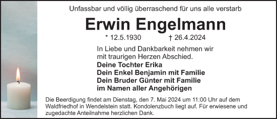 Traueranzeige von Erwin Engelmann von Gesamtausgabe Nürnberger Nachrichten/ Nürnberger Ztg.