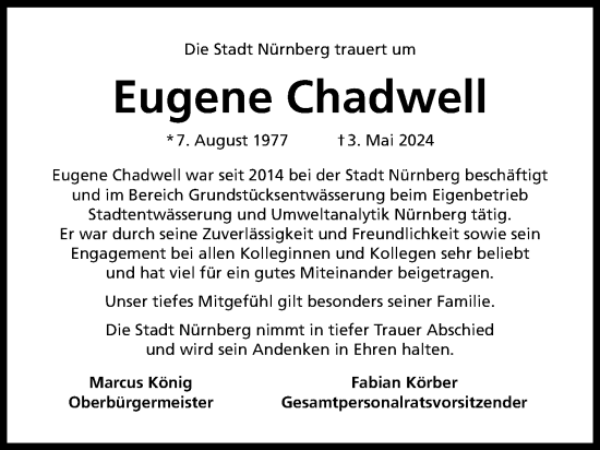Traueranzeige von Eugene Chadwell von Gesamtausgabe Nürnberger Nachrichten/ Nürnberger Ztg.