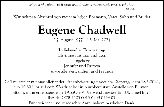 Traueranzeige von Eugene Chadwell von Gesamtausgabe Nürnberger Nachrichten/ Nürnberger Ztg.