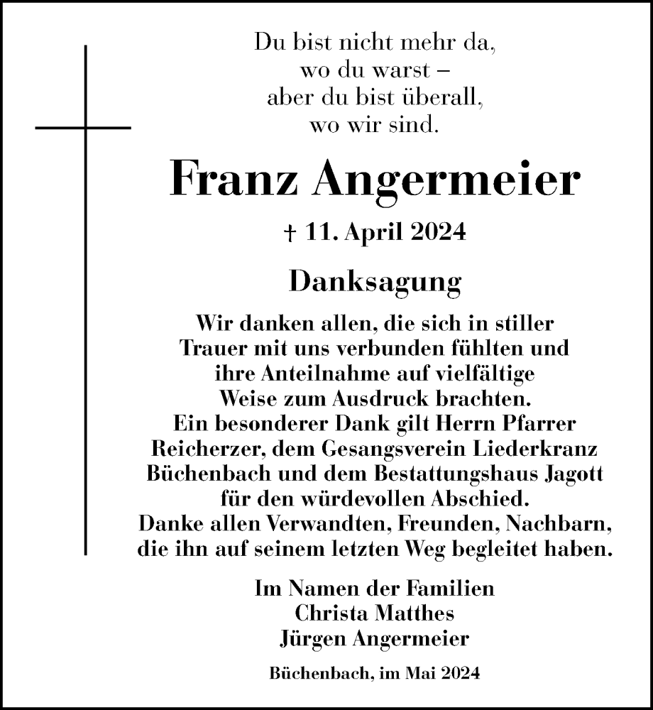  Traueranzeige für Franz Angermeier vom 25.05.2024 aus Roth-Hilpoltsteiner Volkszeitung Lokal