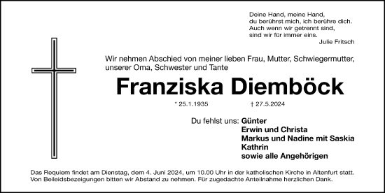Traueranzeige von Franziska Diemböck von Gesamtausgabe Nürnberger Nachrichten/ Nürnberger Ztg.