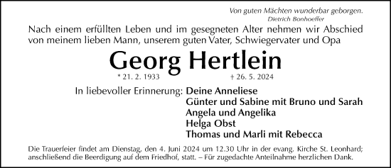 Traueranzeige von Georg Hertlein von Gesamtausgabe Nürnberger Nachrichten/ Nürnberger Ztg.