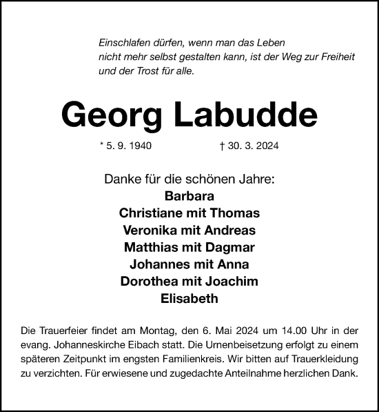 Traueranzeige von Georg Labudde von Gesamtausgabe Nürnberger Nachrichten/ Nürnberger Ztg.