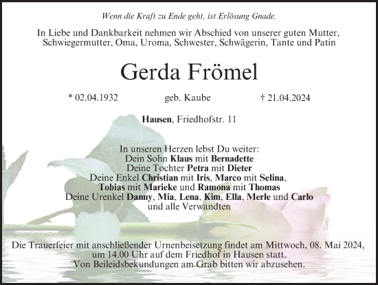 Traueranzeige von Gerda Frömel von Nordbayerische Nachrichten Forchheim Lokal