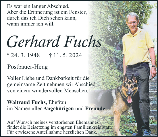 Traueranzeige von Gerhard Fuchs von Gesamtausgabe Nürnberger Nachrichten/ Nürnberger Ztg./ Neumarkter Nachrichten