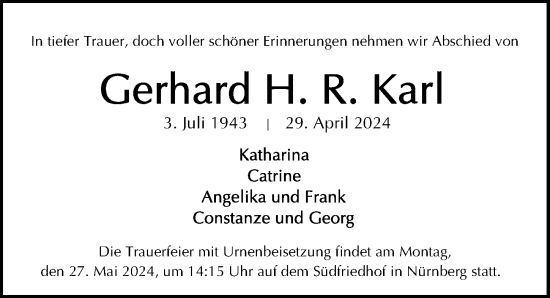 Traueranzeige von Gerhard H. R. Karl von Gesamtausgabe Nürnberger Nachrichten/ Nürnberger Ztg.
