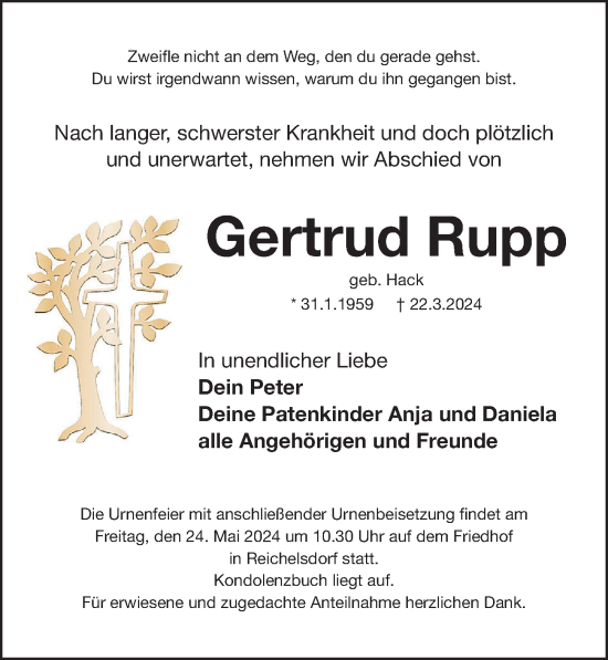 Traueranzeige von Gertrud Rupp von Gesamtausgabe Nürnberger Nachrichten/ Nürnberger Ztg.