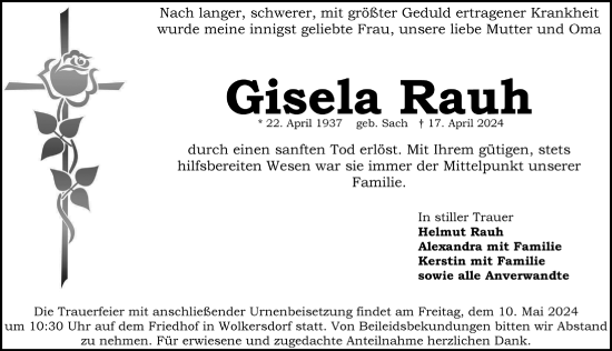 Traueranzeige von Gisela Rauh von Schwabacher Tagblatt Lokal