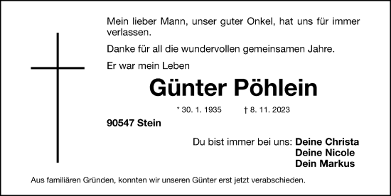 Traueranzeige von Günter Pöhlein von Gesamtausgabe Nürnberger Nachrichten/ Nürnberger Ztg.