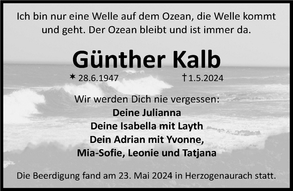  Traueranzeige für Günther Kalb vom 25.05.2024 aus Nordbayerische Nachrichten Herzogenaurach Lokal