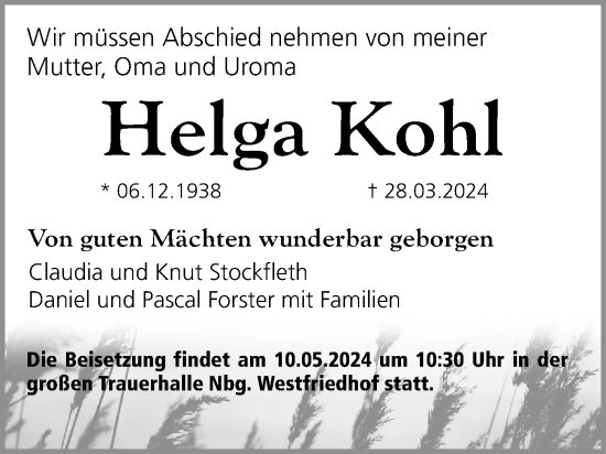 Traueranzeige von Helga Kohl von Gesamtausgabe Nürnberger Nachrichten/ Nürnberger Ztg.