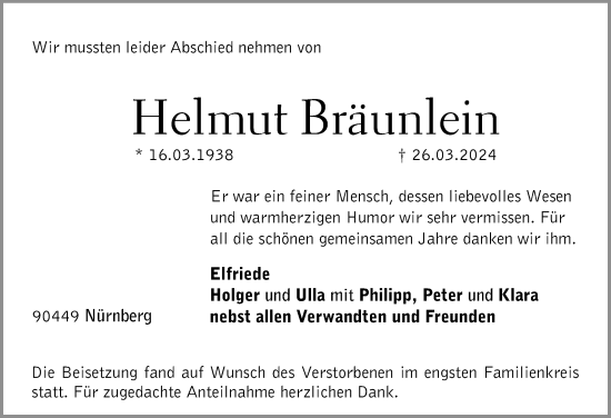 Traueranzeige von Helmut Bräunlein von Gesamtausgabe Nürnberger Nachrichten/ Nürnberger Ztg.