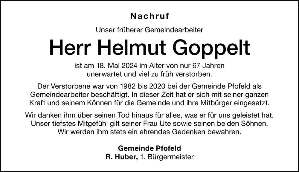  Traueranzeige für Helmut Goppelt vom 24.05.2024 aus Altmühl-Bote Lokal