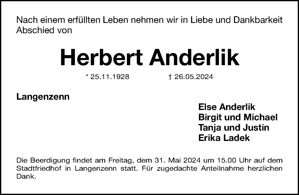  Traueranzeige für Herbert Anderlik vom 29.05.2024 aus Fürther Nachrichten Lokal