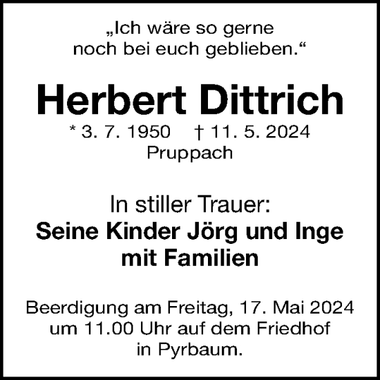 Traueranzeige von Herbert Dittrich von Gesamtausgabe Nürnberger Nachrichten/ Nürnberger Ztg.