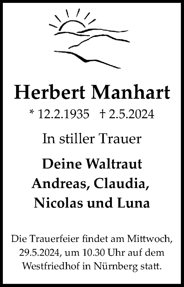  Traueranzeige für Herbert Manhart vom 18.05.2024 aus Gesamtausgabe Nürnberger Nachrichten/ Nürnberger Ztg.