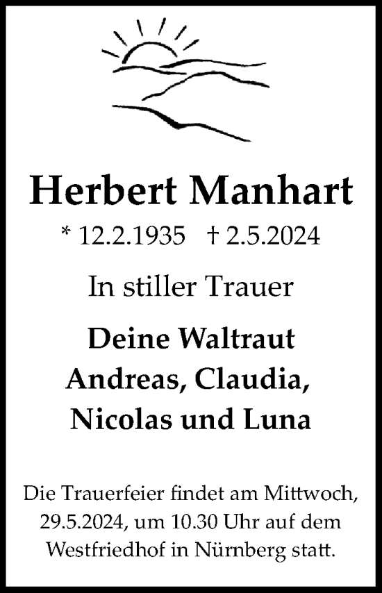 Traueranzeige von Herbert Manhart von Gesamtausgabe Nürnberger Nachrichten/ Nürnberger Ztg.