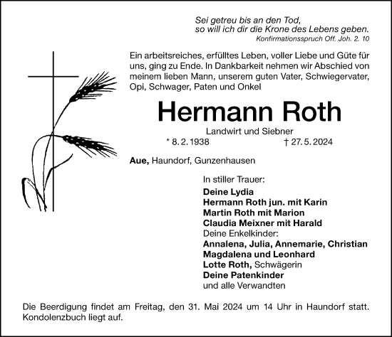 Traueranzeige von Hermann Roth von Altmühl-Bote Lokal