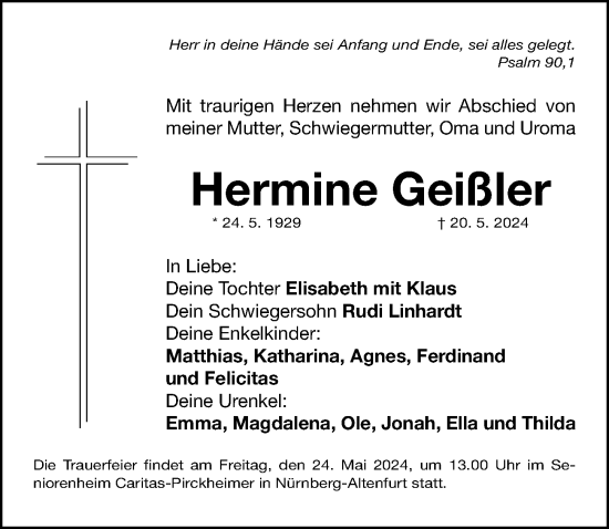 Traueranzeige von Hermine Geißler von Gesamtausgabe Nürnberger Nachrichten/ Nürnberger Ztg.