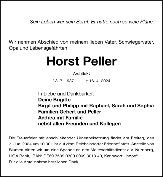 Traueranzeige von Horst Peller von Gesamtausgabe Nürnberger Nachrichten/ Nürnberger Ztg.