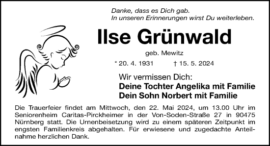 Traueranzeige von Ilse Grünwald von Gesamtausgabe Nürnberger Nachrichten/ Nürnberger Ztg.