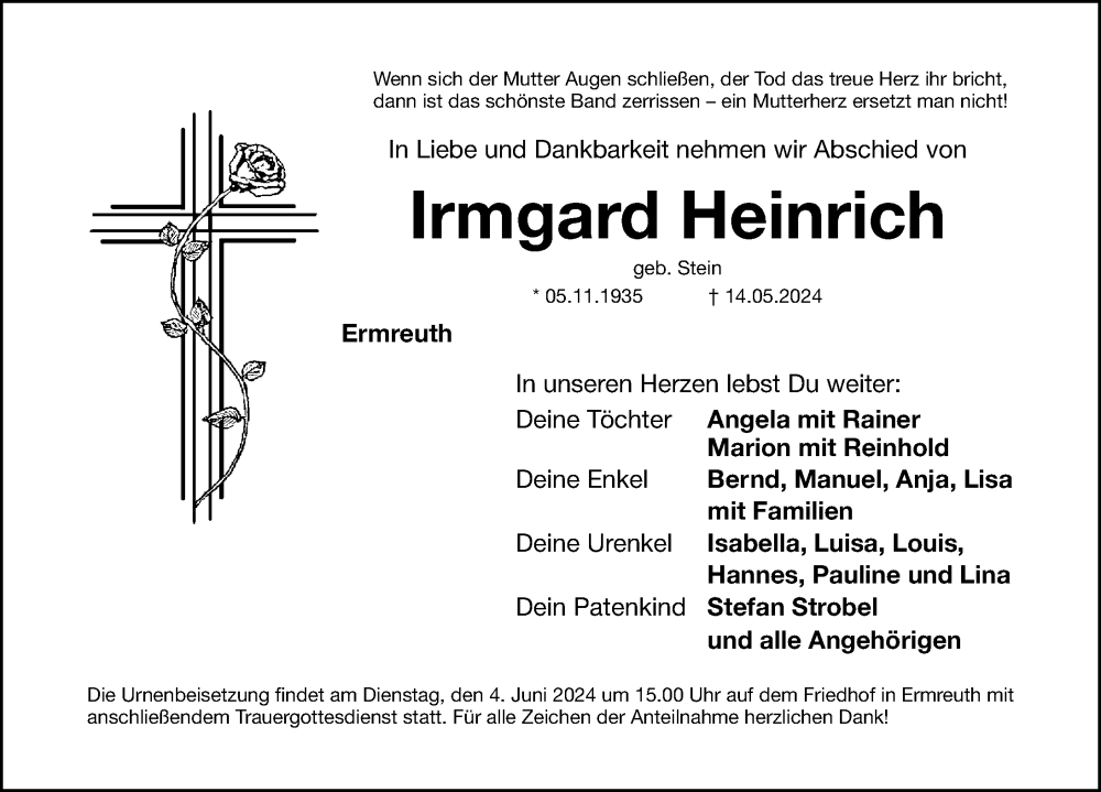  Traueranzeige für Irmgard Heinrich vom 01.06.2024 aus Nordbayerische Nachrichten Forchheim Lokal
